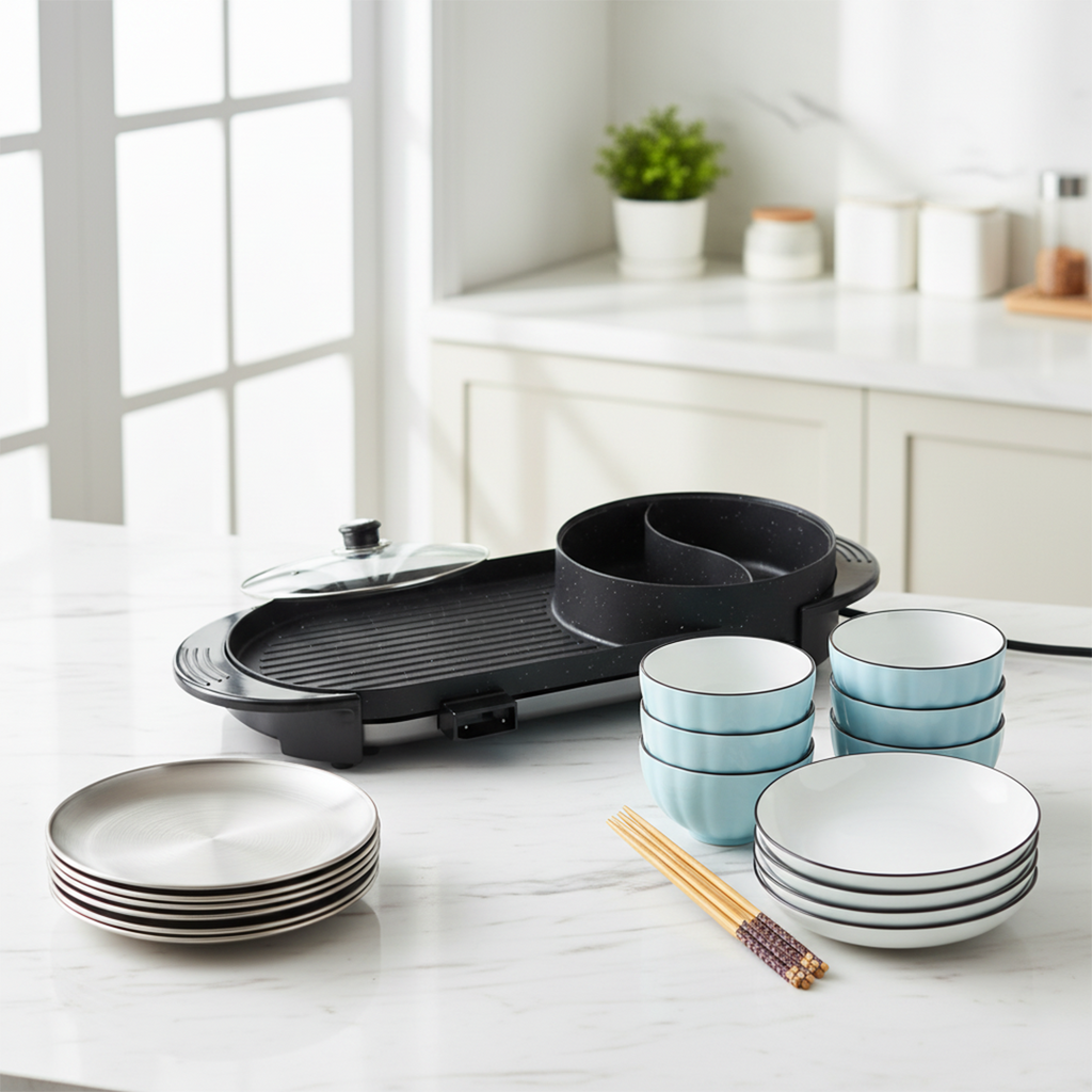 SOGA Kitchenware Bundle – 2-in-1 Electric BBQ Teppanyaki Grill, Blue Ceramic Dinnerware & Silver Grilling Plate