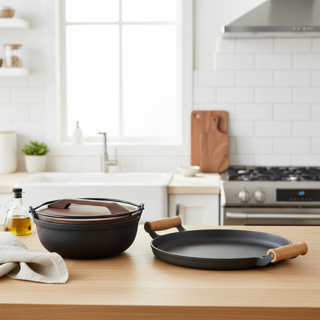 SOGA Kitchenware Bundle – Cast Iron Sukiyaki Hot Pot & Frying Pan Skillet with Wooden Handle