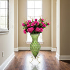SOGA 67cm Green Glass Tall Floor Vase and 12pcs Dark Pink Artificial Fake Flower Set