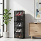 SOGA 5 Tier Black Portable Shoe Organiser Sneaker Footwear Folding Plastic Bin Stackable Storage Box with Magnetic Door