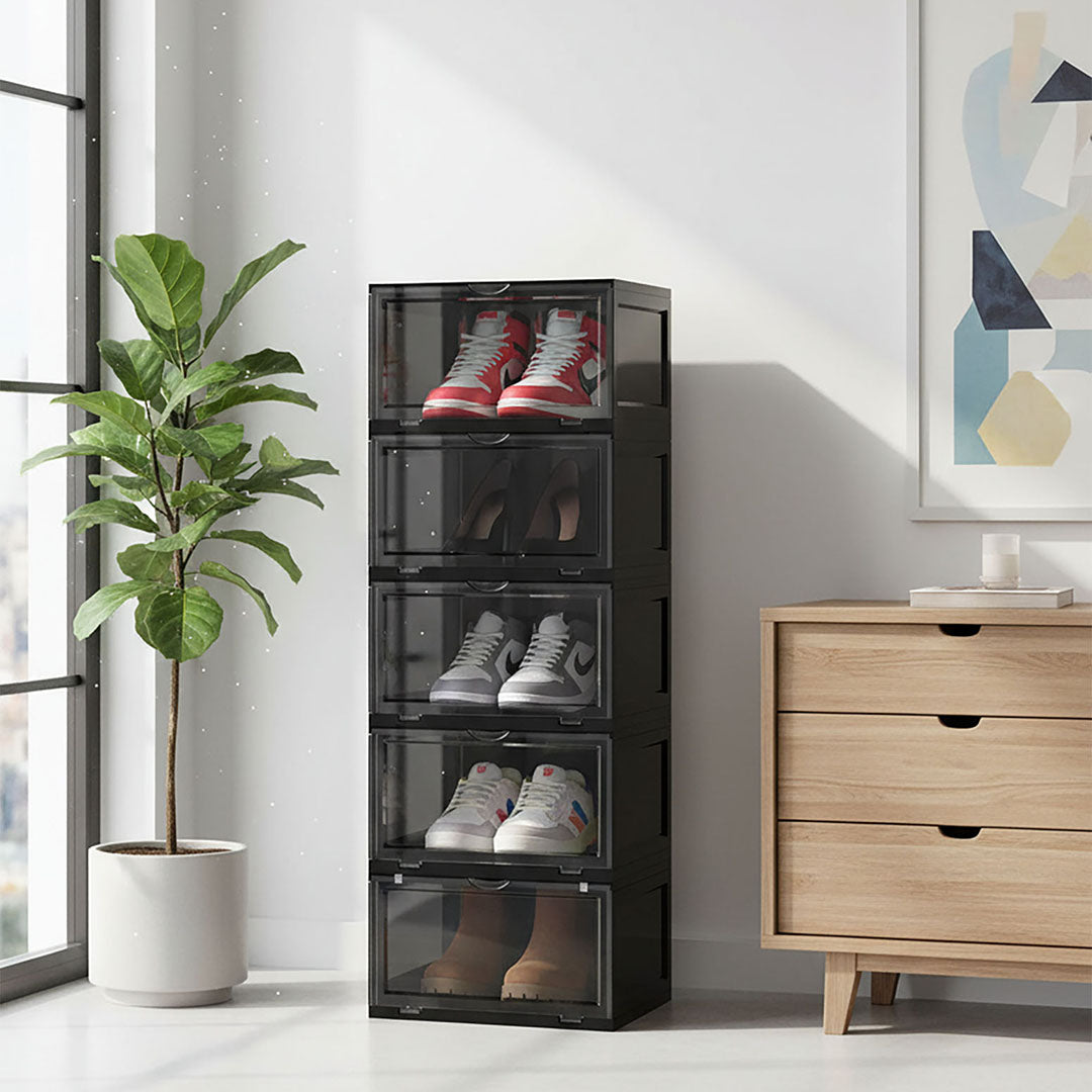 SOGA 5 Tier Black Portable Shoe Organiser Sneaker Footwear Folding Plastic Bin Stackable Storage Box with Magnetic Door