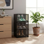 SOGA 3 Tier Black Portable Shoe Organiser Sneaker Footwear Folding Plastic Bin Stackable Storage Box with Magnetic Door