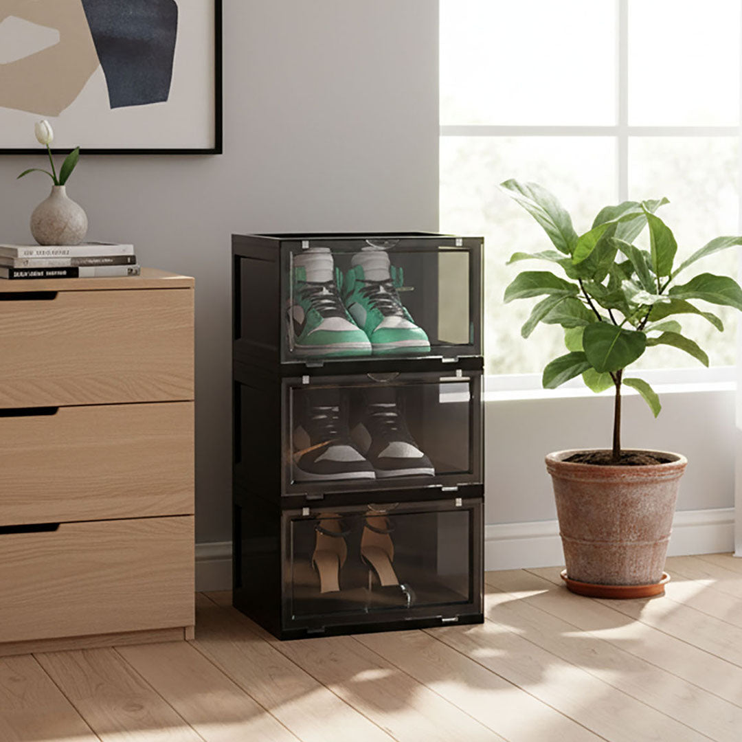 SOGA 3 Tier Black Portable Shoe Organiser Sneaker Footwear Folding Plastic Bin Stackable Storage Box with Magnetic Door