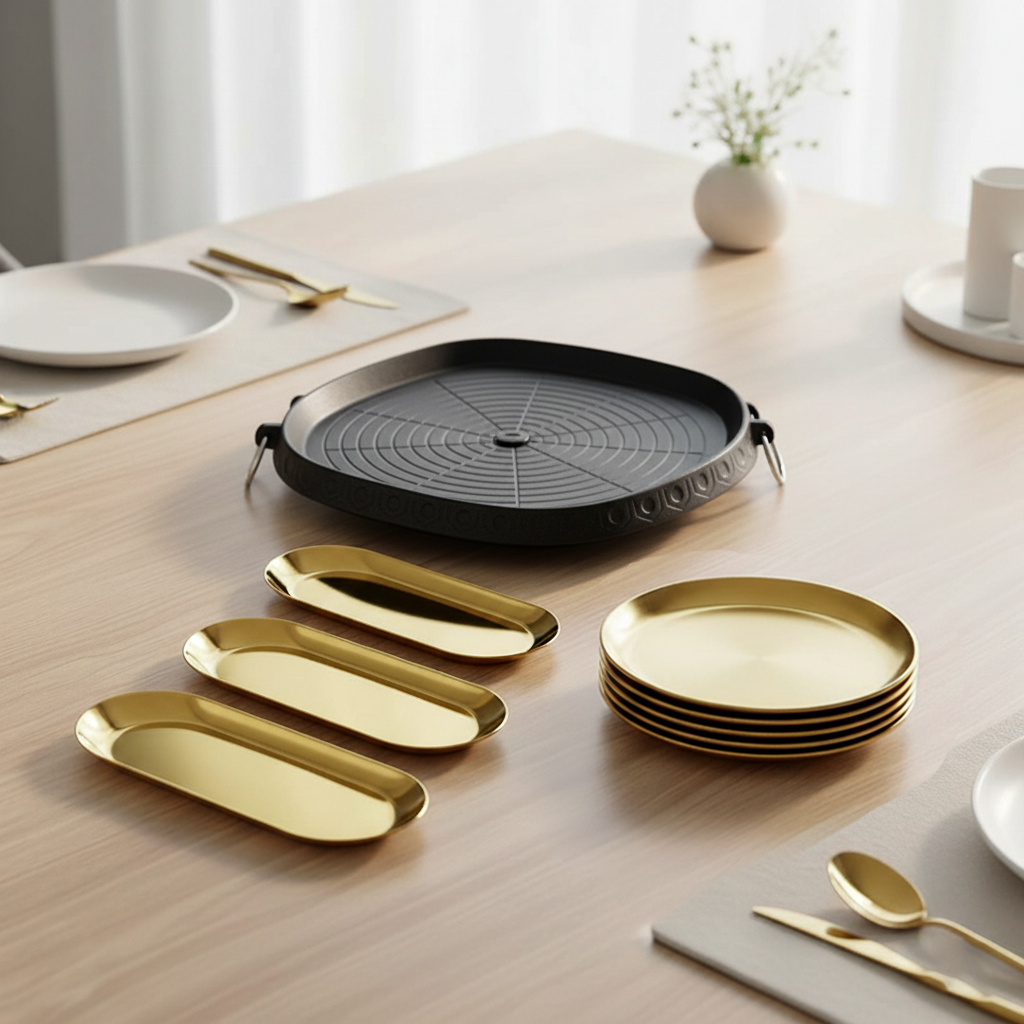 SOGA Kitchenware Bundle – Square Portable Korean BBQ Stove, Gold Grilling Plate & Nordic Plate Set $ 151