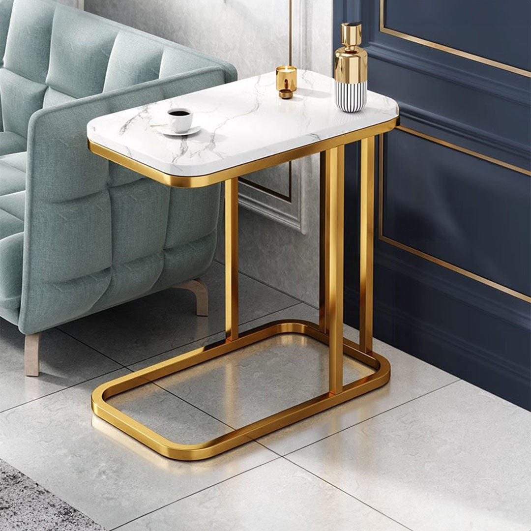 SOGA 30x50cm White Stone-Patterned  Side Square Mini Table w/ Gold Metal Legs