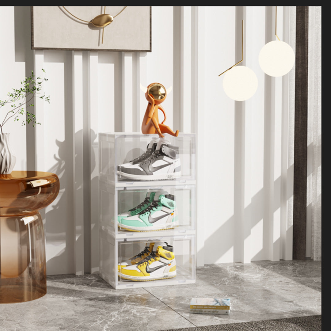 SOGA 3 Tier Transparent Portable Shoe Organiser Sneaker Footwear Folding Plastic Bin Stackable Storage Box with Magnetic Door