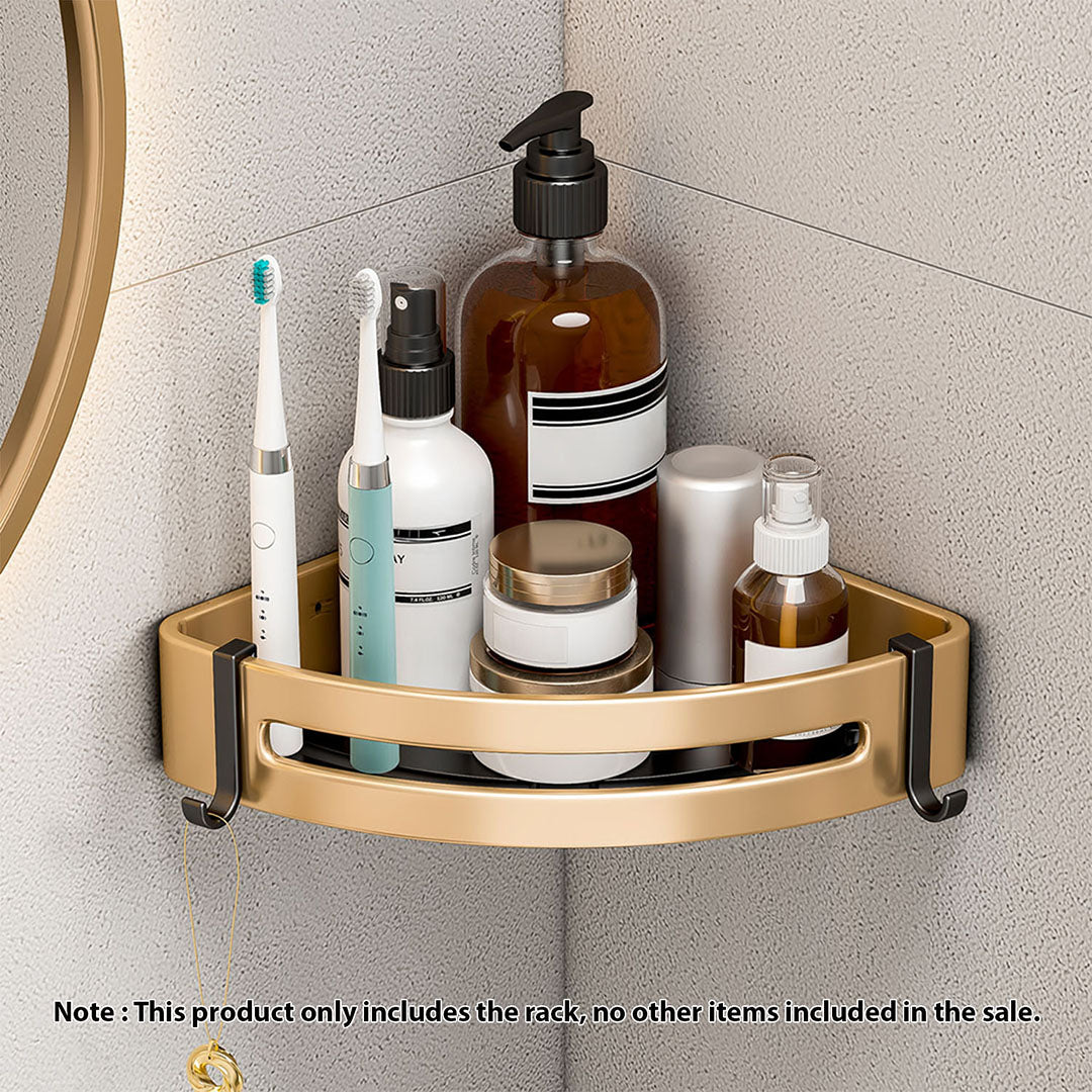 SOGA Gold Wall-Mounted Triangular Bathroom Storage Corner Vanity Organiser Space Saving Adhesive Shelf Rack with Hooks