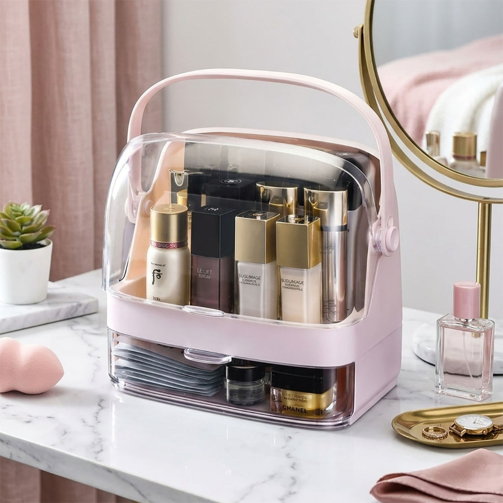 SOGA 2 Tier Pink Countertop Makeup Cosmetic Storage Organiser Skincare Holder Jewelry Storage Box with Handle