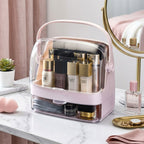 SOGA 2 Tier Pink Countertop Makeup Cosmetic Storage Organiser Skincare Holder Jewelry Storage Box with Handle