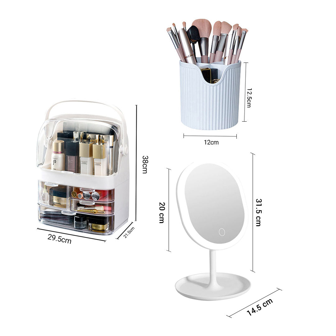 SOGA 3 Tier White Countertop Cosmetic Makeup Brush Lipstick Holder Organiser and 20cm Rechargeable LED Light Tabletop Mirror Set