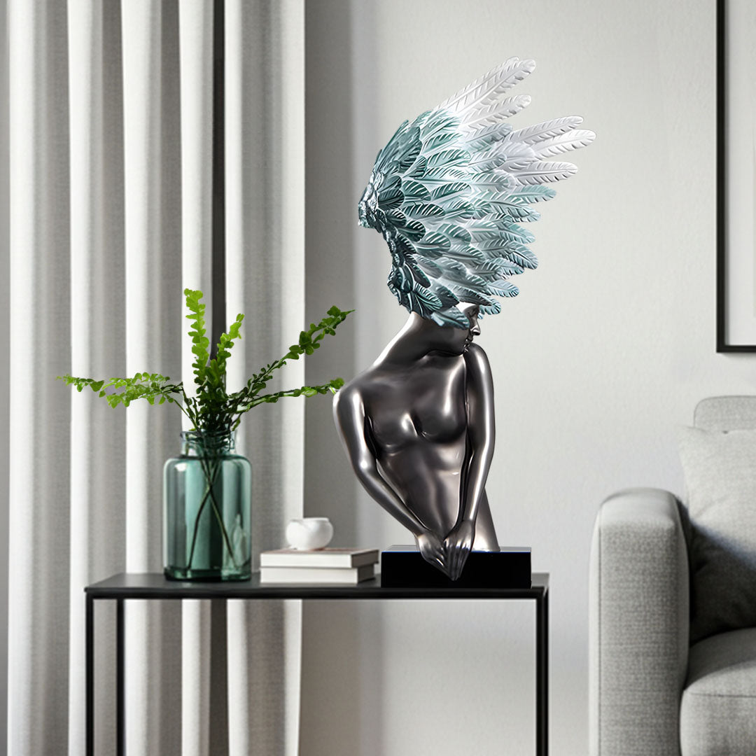 SOGA 86cm Silver Sculpture – Turquoise Winged Decor with Black Marble Base