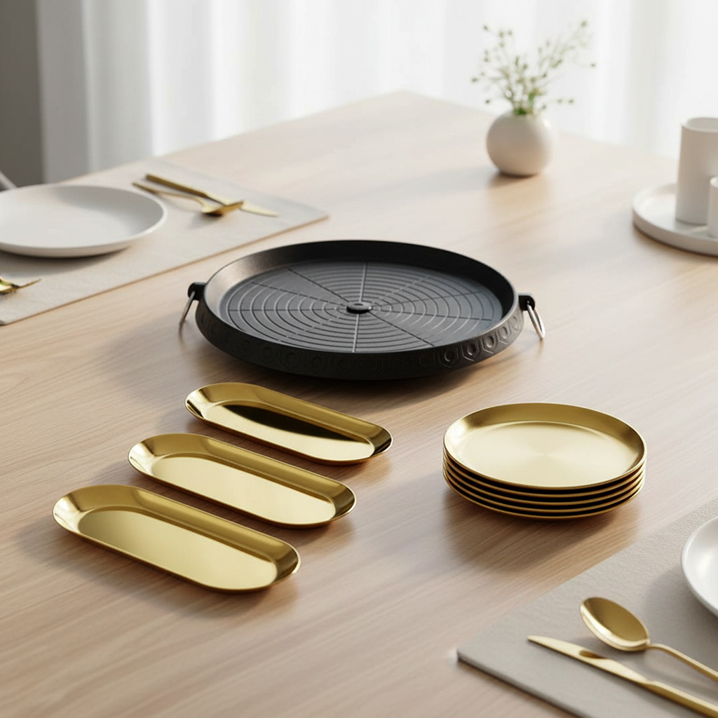 SOGA Kitchenware Bundle – Round Portable Korean BBQ Stove, Gold Grilling Plate & Nordic Plate Set $ 140