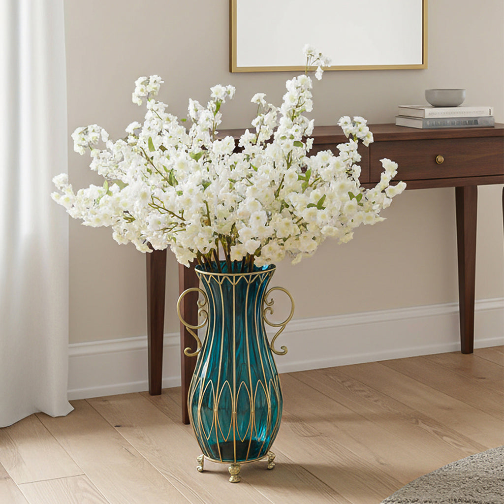 SOGA 51cm Blue Glass Tall Floor Vase and 10pcs White Artificial Fake Flower Set