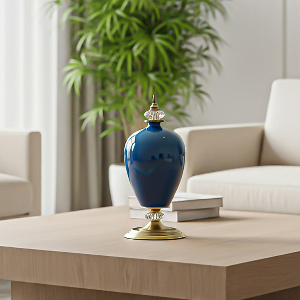 SOGA 42cm Ceramic Oval Flower Vase with Gold Metal Base Dark Blue