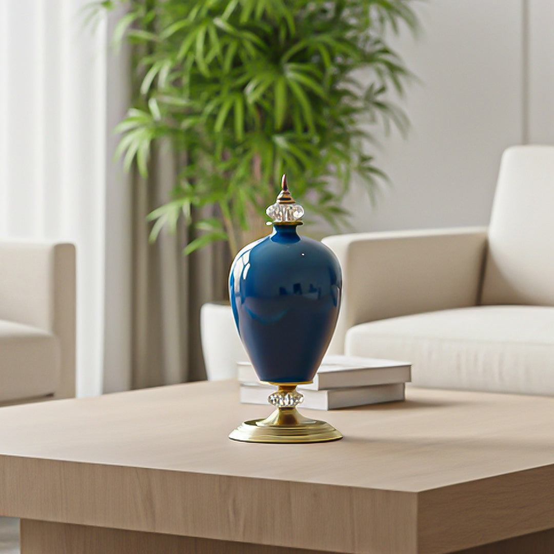SOGA 42cm Ceramic Oval Flower Vase with Gold Metal Base Dark Blue