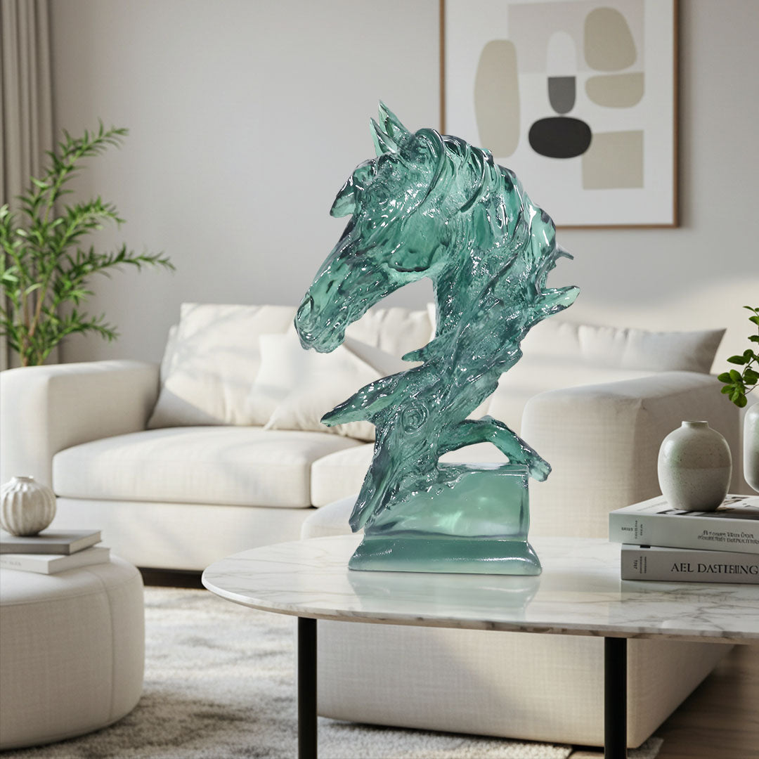 SOGA 37cm Green Horse Head Resin Sculpture Flowing Mane Design