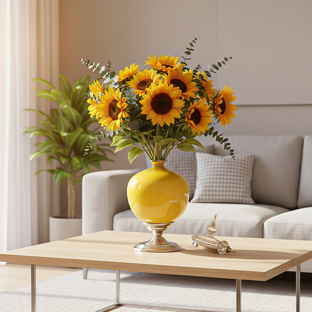 SOGA 2x 38cm Ceramic Oval Flower Vase with Gold Metal Base Yellow