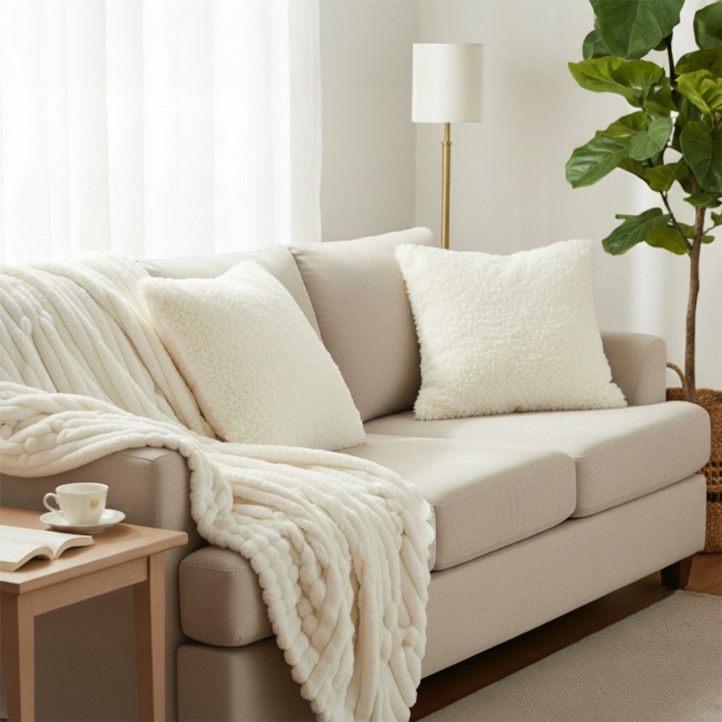 SOGA Home & Living Bundle – 2 White Rabbit Fur Pillow & Pearl White Velvet Throw Blanket