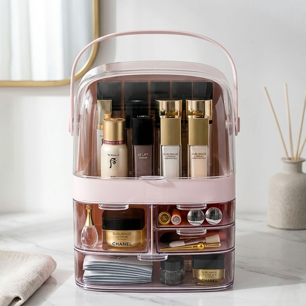 SOGA 3 Tier Pink Countertop Makeup Cosmetic Storage Organizer Skincare Holder Jewelry Storage Box with Handle