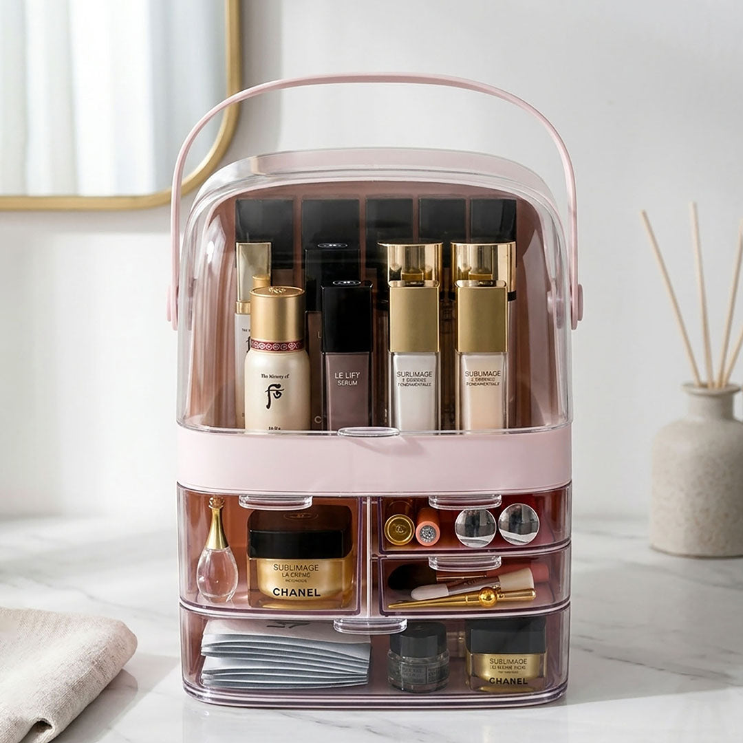 SOGA 3 Tier Pink Countertop Makeup Cosmetic Storage Organizer Skincare Holder Jewelry Storage Box with Handle