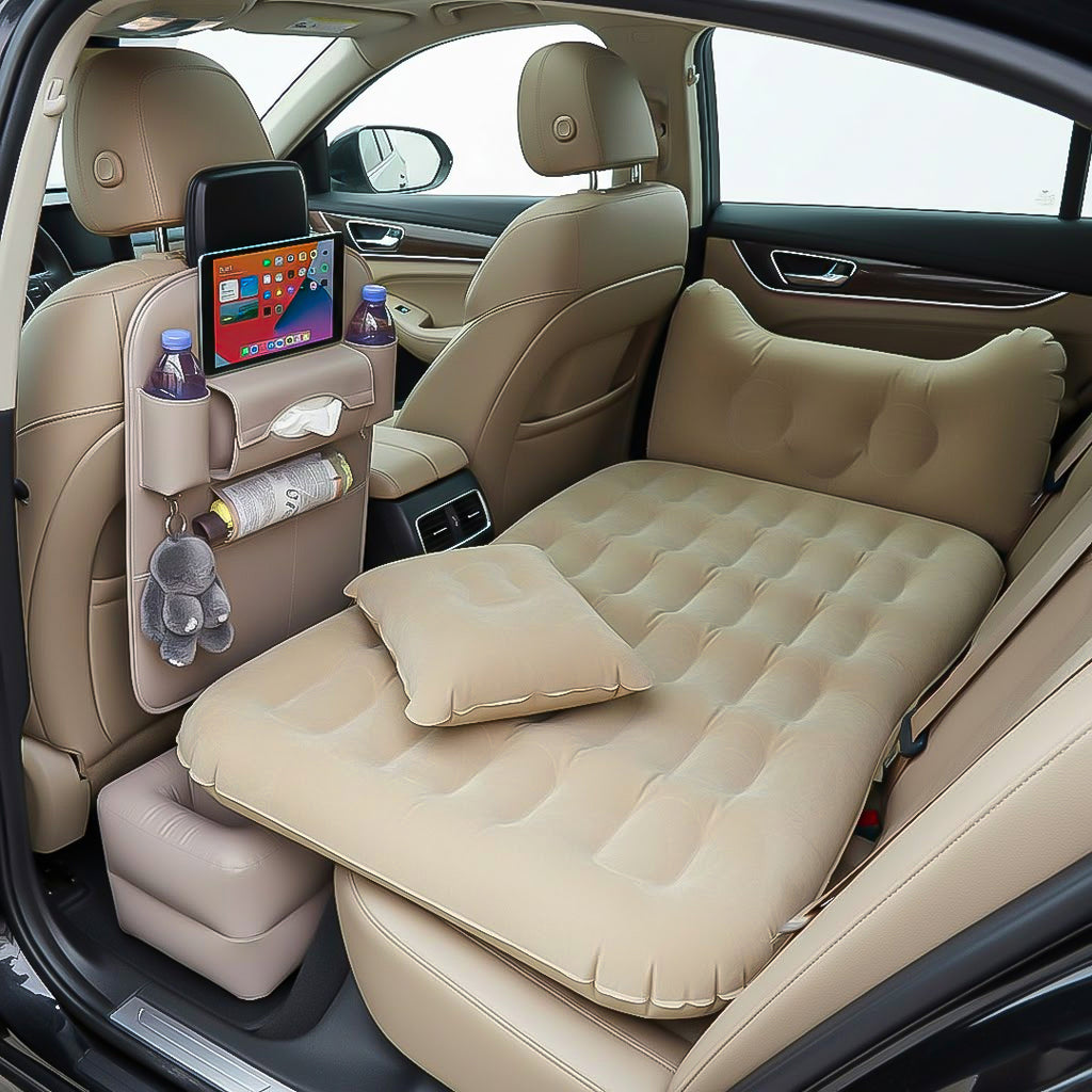 SOGA Car Bundle E – White Back Seat Storage Organizer & Beige Honeycomb Inflatable Mattress
