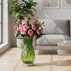 SOGA 51cm Green Glass Tall Floor Vase with 12pcs Pink Artificial Fake Flower Set
