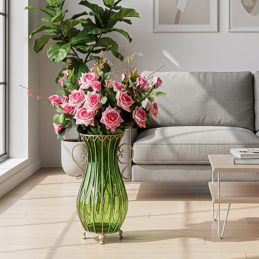 SOGA 51cm Green Glass Tall Floor Vase with 12pcs Pink Artificial Fake Flower Set