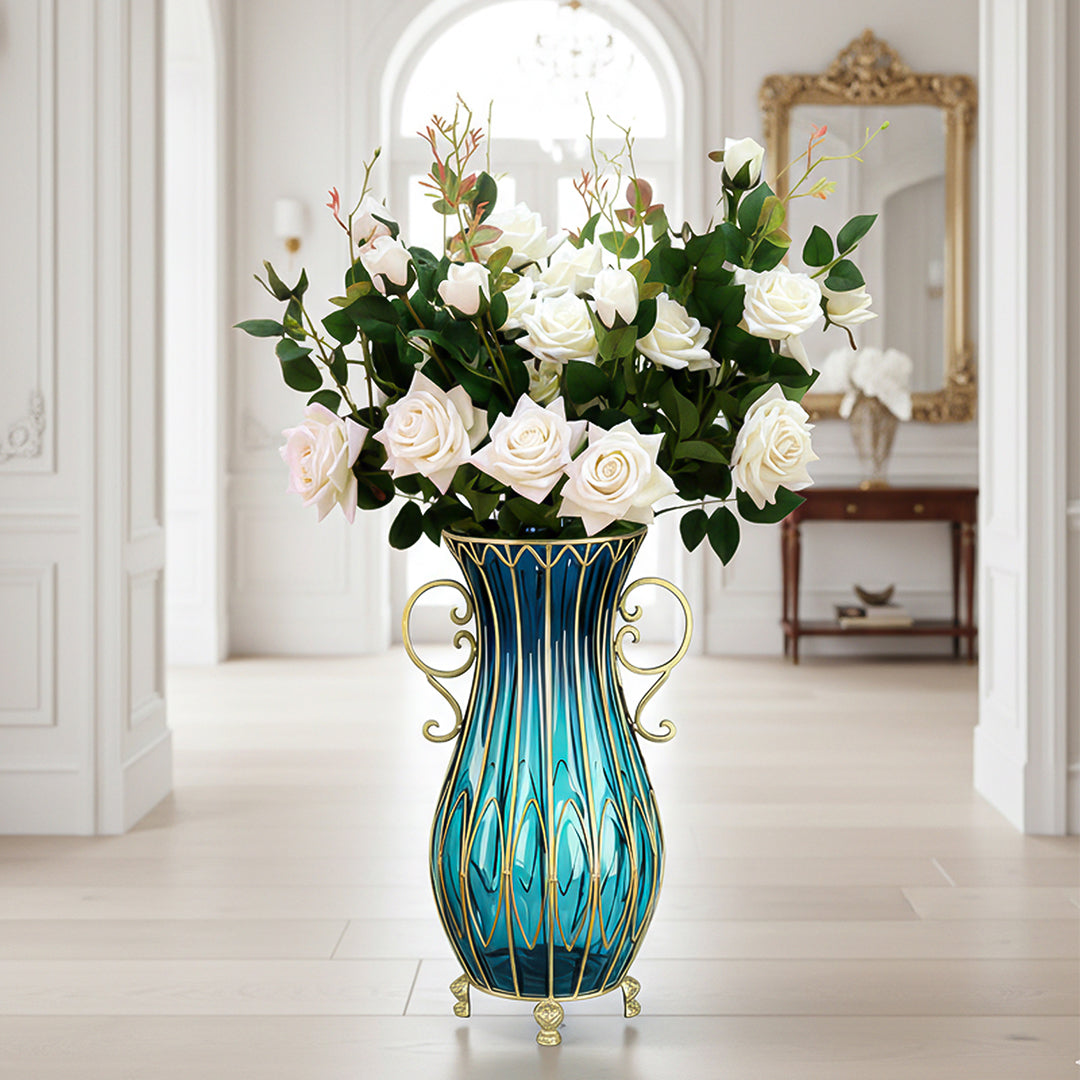 SOGA 51cm Blue Glass Tall Floor Vase with 12pcs White Artificial Fake Flower Set