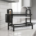 SOGA 2 Tier Steel Black Kitchen Countertop Drying Dish Rack Plate Cutlery Cutting Board Holder Dish Drainer Kitchen Organiser