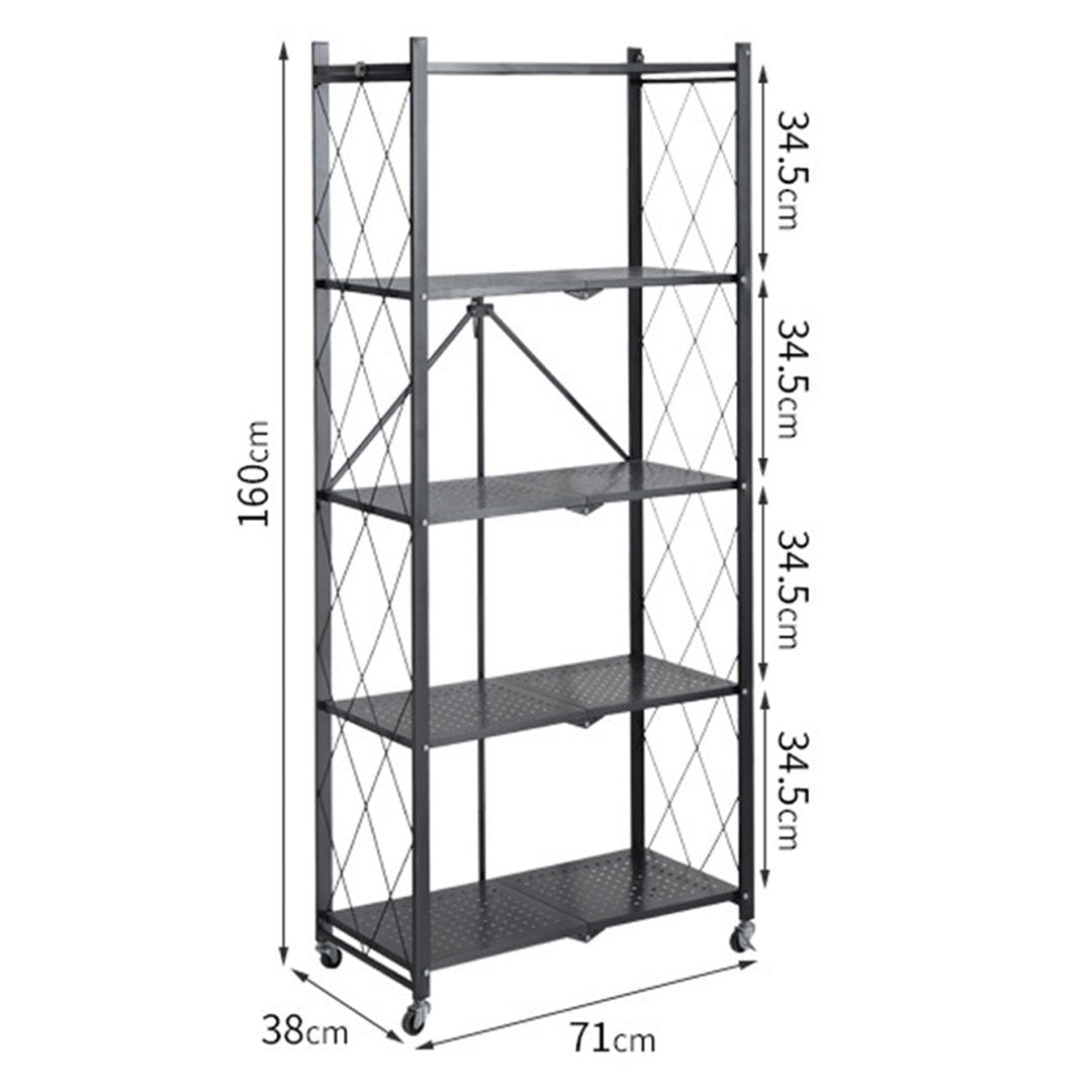 SOGA 5 Tier Steel Black Foldable Kitchen Cart Multi-Functional Shelves Storage Organizer with Wheels