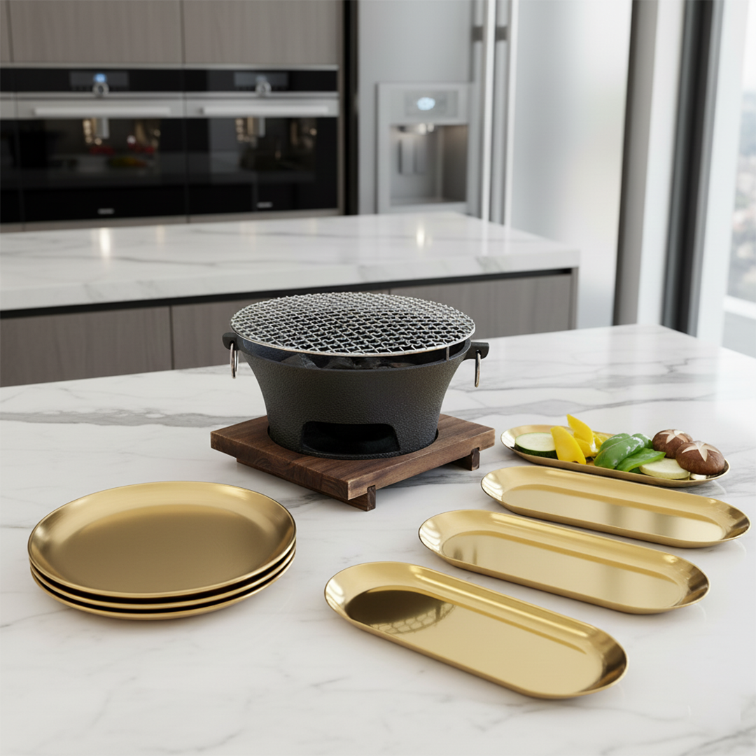 SOGA Kitchenware Bundle – Gold Nordic Plate Set, 23cm Grilling Plate & Cast Iron BBQ Grill $ 187