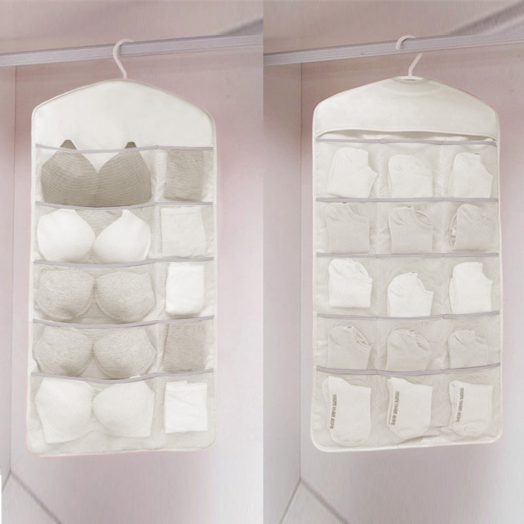 SOGA 2X Beige Double Sided Hanging Storage Bag Underwear Bra Socks Mesh Pocket Hanger Home Organiser