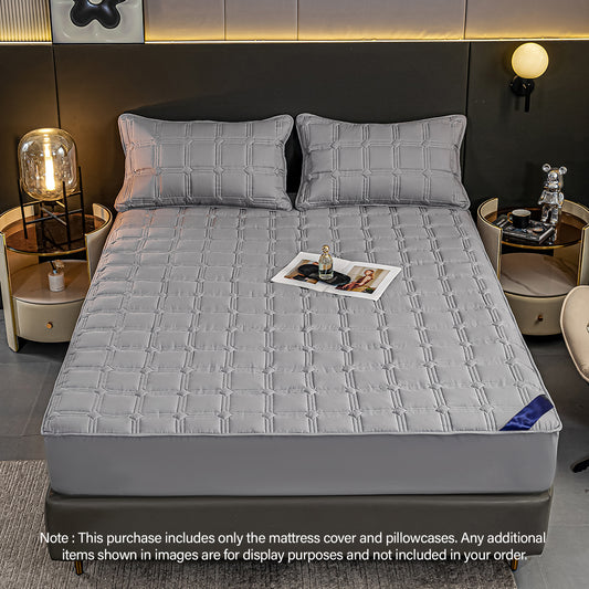 SOGA 2X  Grey 183cm Wide Mattress Cover Thick Quilted Stretchable Bed Spread Sheet Protector with Pillow Covers