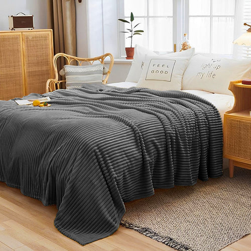 SOGA 2X Grey Throw Blanket Warm Cozy Striped Pattern Thin Flannel Coverlet Fleece Bed Sofa Comforter