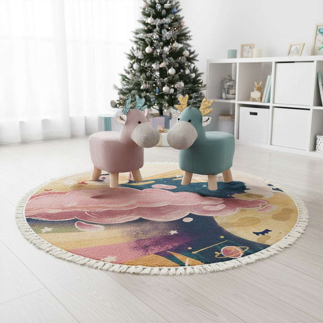 SOGA Home & Living Bundle – Pink & Green Deer Children’s Ottomans & Sky Clouds Round Rug $ 134
