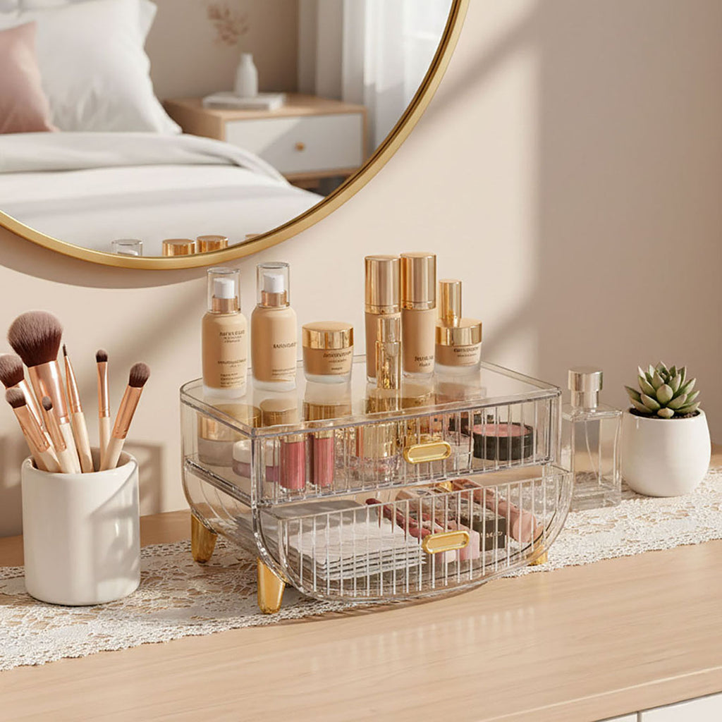 SOGA 2 Tier Transparent Multifunctional Countertop Cosmetic Storage Makeup Skincare Holder Jewelry Cabinet Bathroom Desk Drawer Vanity Organiser