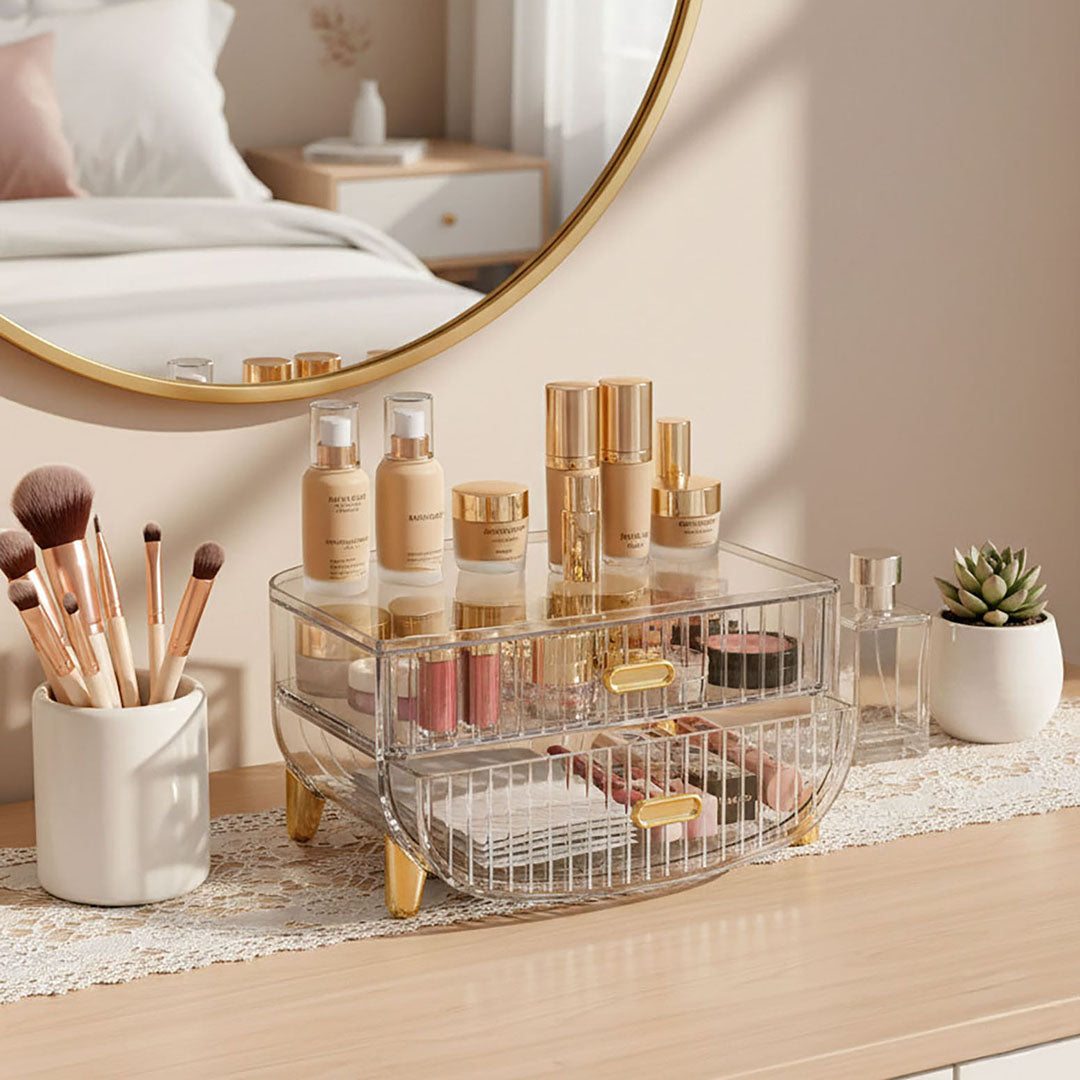 SOGA 2 Tier Transparent Multifunctional Countertop Cosmetic Storage Makeup Skincare Holder Jewelry Cabinet Bathroom Desk Drawer Vanity Organiser