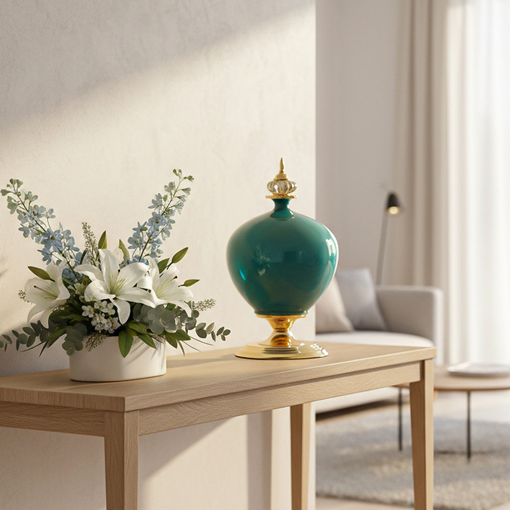 SOGA 2x 38cm Ceramic Oval Flower Vase with Gold Metal Base Green
