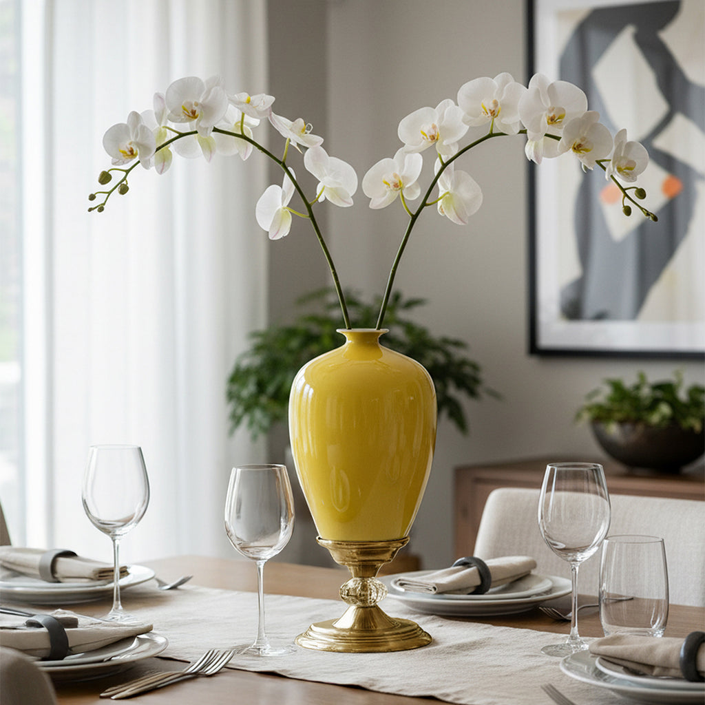 SOGA 42cm Ceramic Oval Flower Vase with Gold Metal Base Yellow