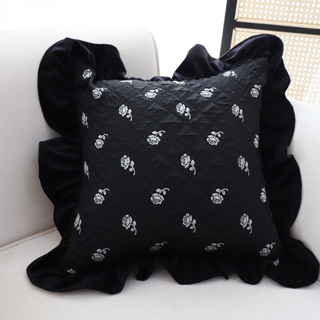 SOGA 2X 45cm Throw Pillow Black Ruffled Square Decorative Cushion for Rose Lovers Cozy Home Decor