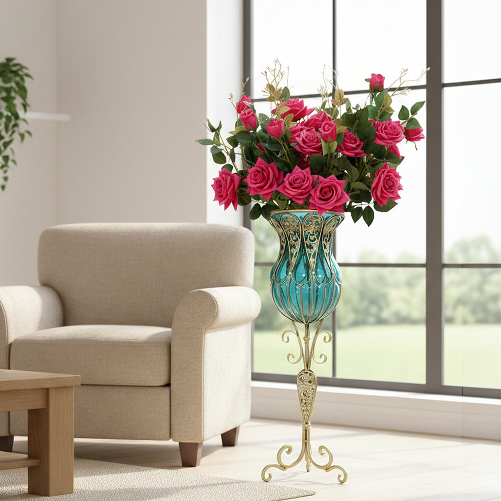 SOGA 85cm Blue Glass Tall Floor Vase and 12pcs Dark Pink Artificial Fake Flower Set