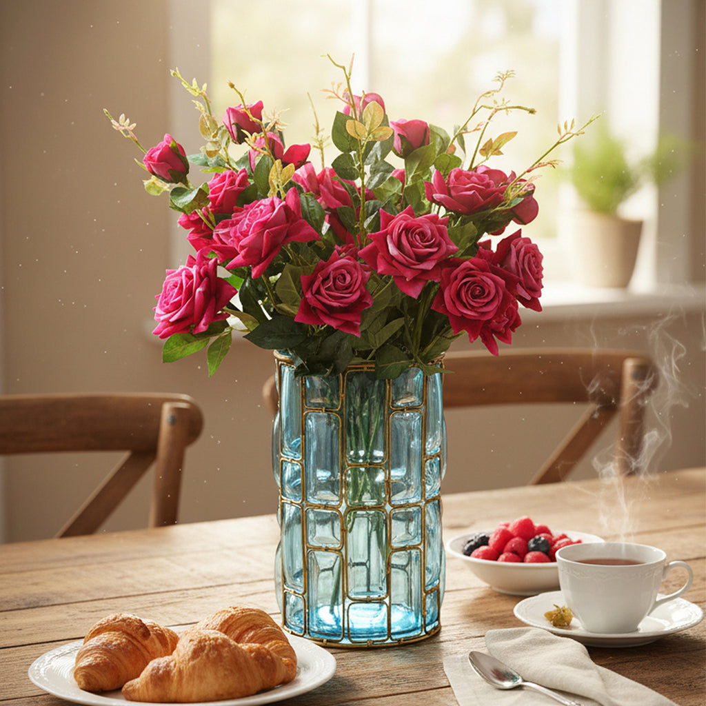 SOGA Blue Glass Cylinder Flower Vase with 8 Bunch 5 Heads Artificial Fake Silk Rose Home Decor Set