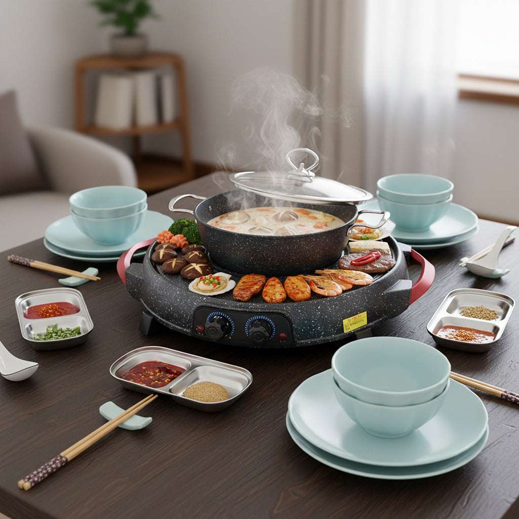 SOGA Kitchenware Bundle – 2-in-1 Electric Teppanyaki Grill, Light Blue Ceramic Dinnerware & Silver Sauce Pan