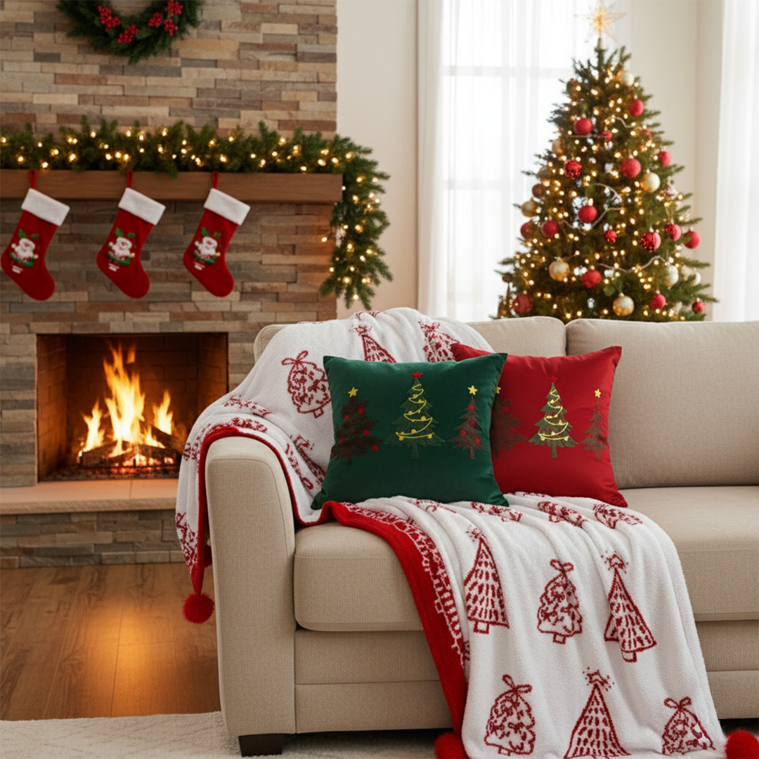 SOGA Christmas Bundle – Green & Burgundy Embroidered Tree Pillows & Red Holiday Throw Blanket $ 206