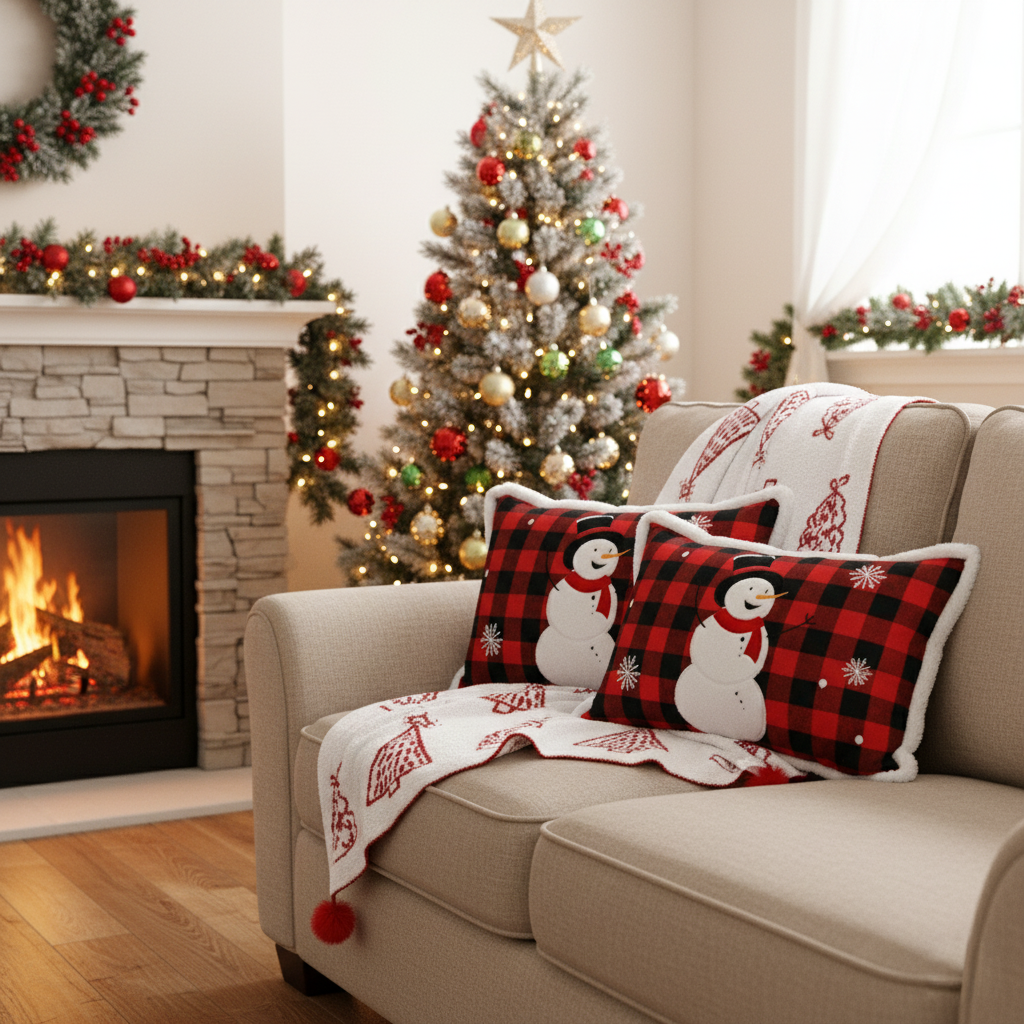SOGA Christmas Bundle – 2 Red Snowman Lumbar Pillow & Red Christmas Tree Fleece Throw Blanket $ 200