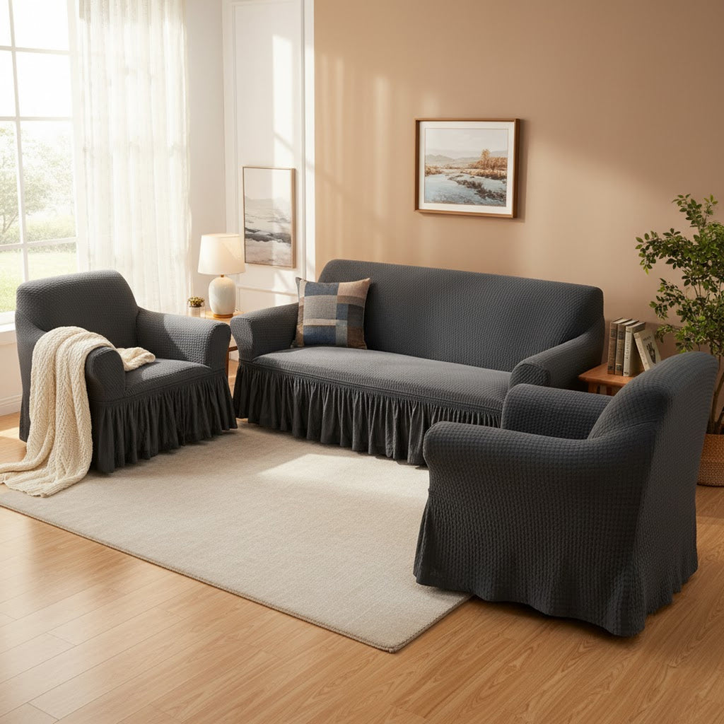 SOGA Home & Living Bundle – 2 Dark Grey 1-Seater & 3-Seater Sofa Covers with Ruffled Skirt