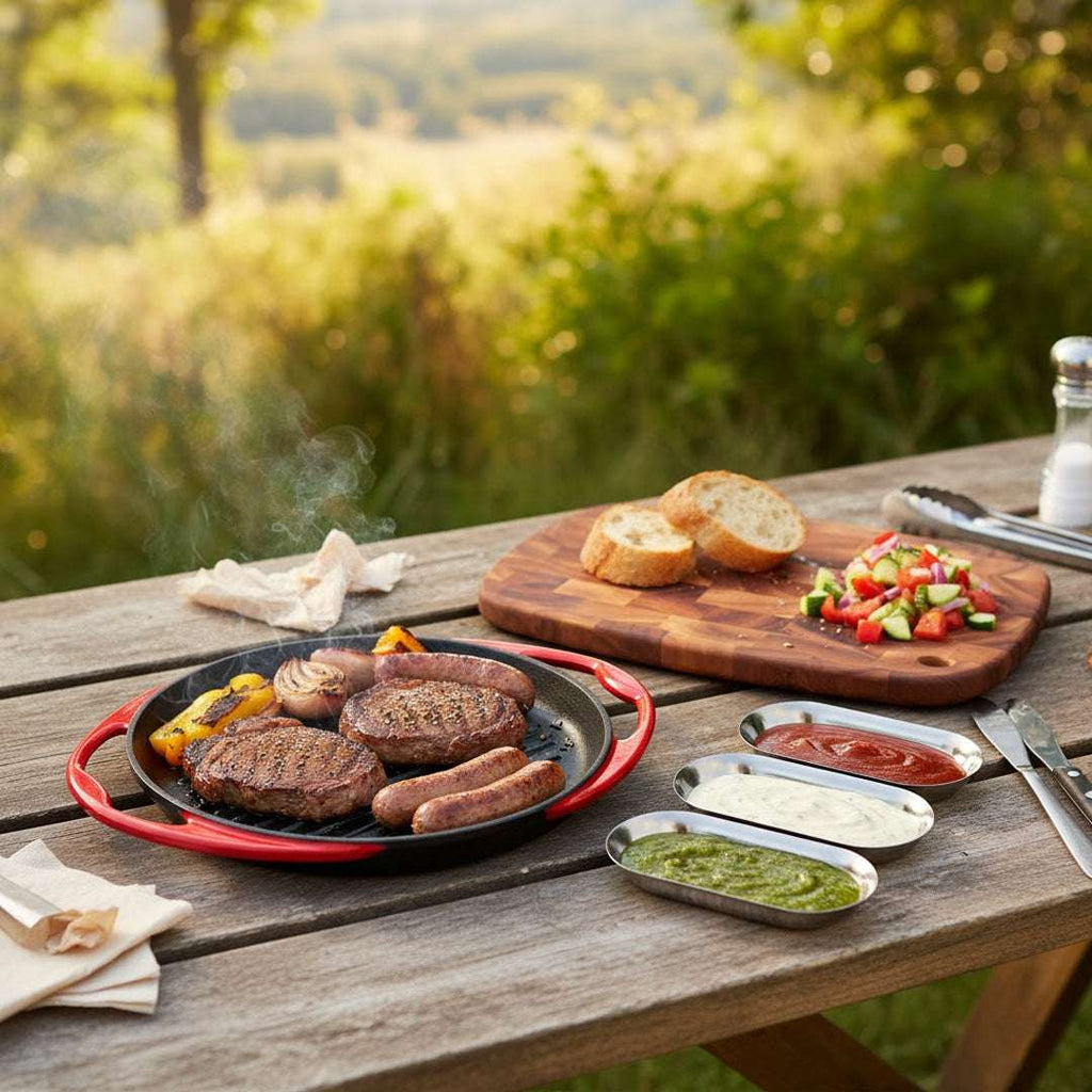 SOGA Kitchenware Bundle – Acacia Cutting Board, Cast Iron Skillet & Silver Nordic Plate Set $ 179