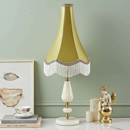 SOGA Jade Stone Base Table Lamp Vintage Yellow Shade Tassel Fringe Bedside Desk Light $ 295