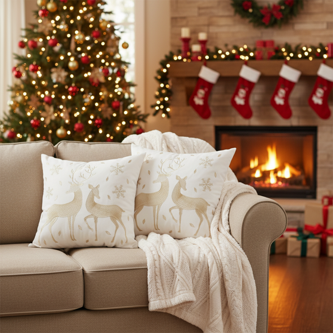 SOGA Christmas Bundle – 2 White & Gold Christmas Reindeer Pillow & White Chenille Fleece Throw $ 260