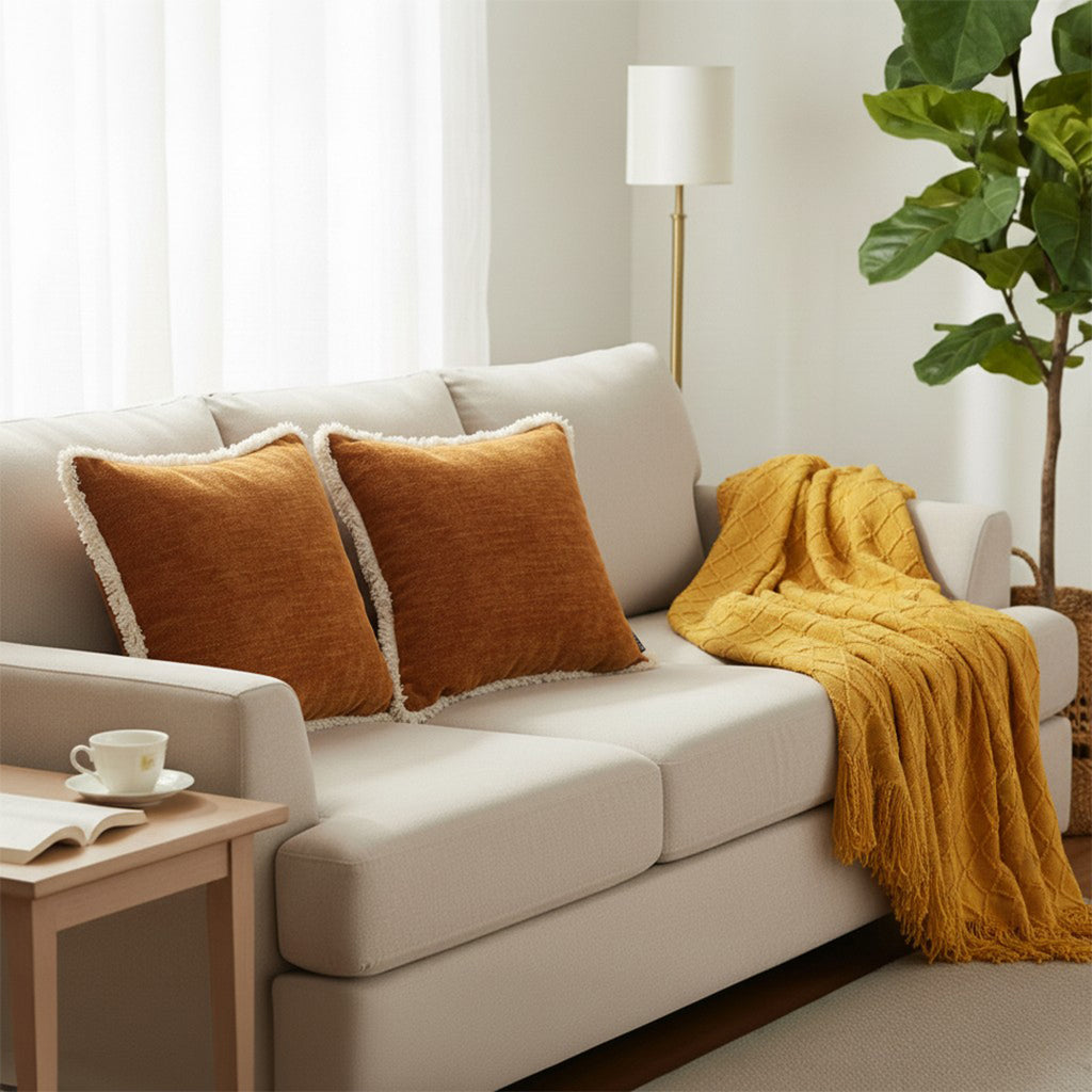 SOGA Home & Living Bundle – 2 Sunset Orange Chenille Pillow & Yellow Diamond Knitted Blanket